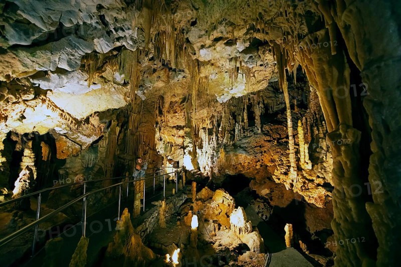 Cave with illuminated stalactites and stalagmites, stalactite cave, Diros Cave, Glyfada Cave, Vlychada Cave, Mani, Laconia, Peloponnese, Greece, Europe