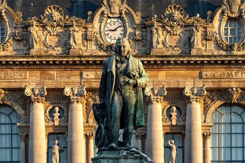 Statue of Joseph Marie Charles or Jacquard and the theatre of Calais, France, Europe