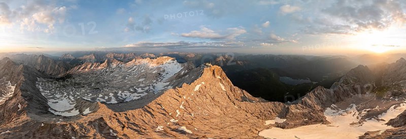 Sunrise, Alpine panorama, aerial view, Zugspitze and Zugspitzplatt with glacier, high mountains, Bavaria, Germany, Europe