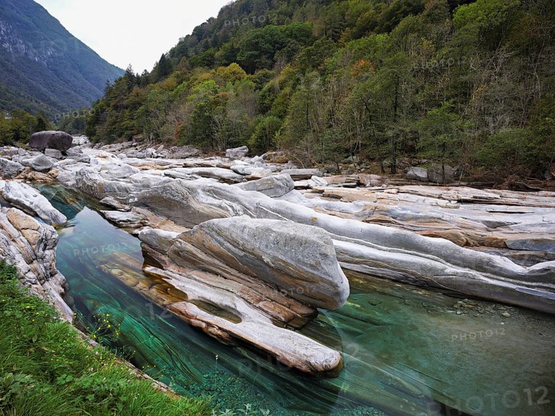 Clear water and rock formations in the Verzasca River, near Lavertezzo, Verzasca Valley, Valle Verzasca, Canton Ticino, Switzerland, Europe