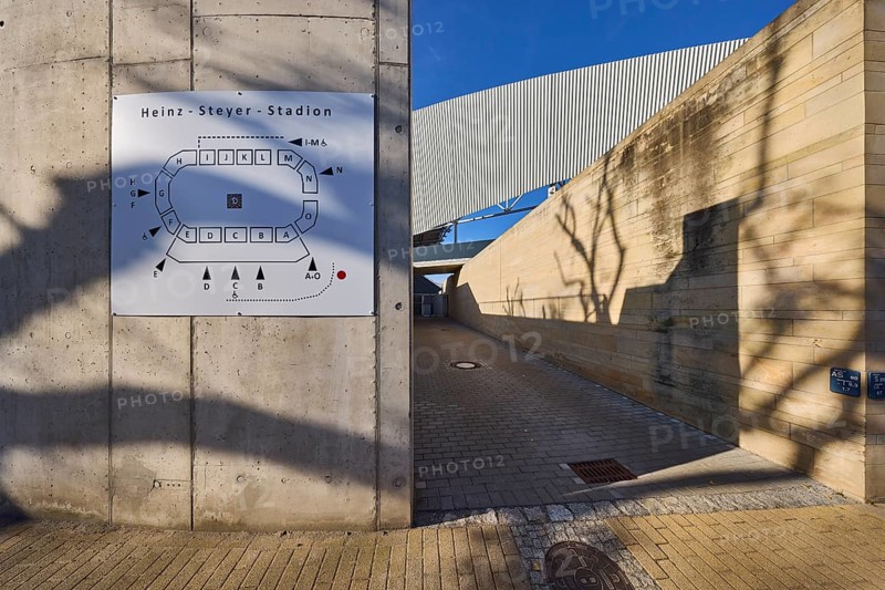 Heinz-Steyer-Stadion, stadium, side entrance, location board, concrete building, deep blue cloudless sky, Weißeritzstraße, Dresden, state capital, independent city, Saxony, Germany, Europe