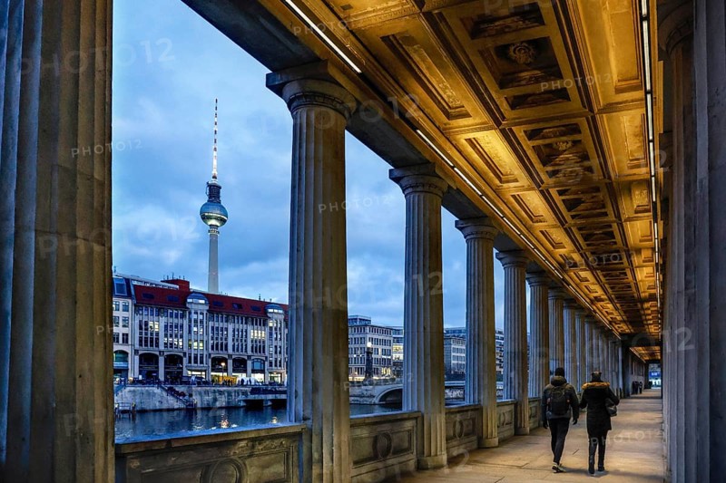 Illuminated arcade at the old National Gallery, view of the Spree and the television tower, Berlin, 02.01.2025 Germany