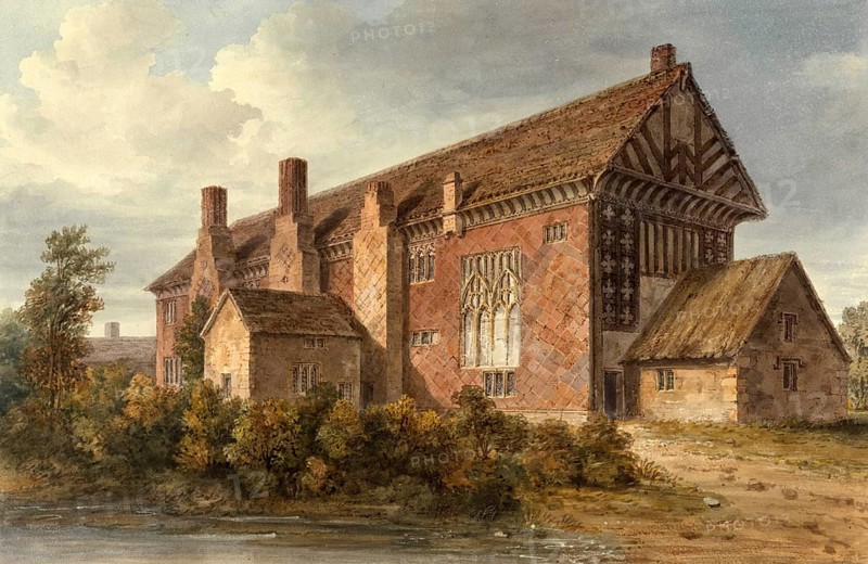 South East View of Samlesbury Hall, Lancashire, England, digitally restored reproduction of a 19th-century original by John Buckler, Record date not stated, South East View of Samlesbury Hall, digitally restored reproduction of a 19th-century original, Record date not stated