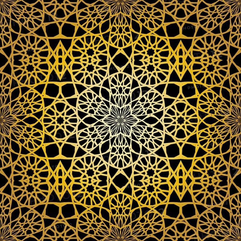 Geometric gold lace seamless pattern. Arabic tile lattice vector background.