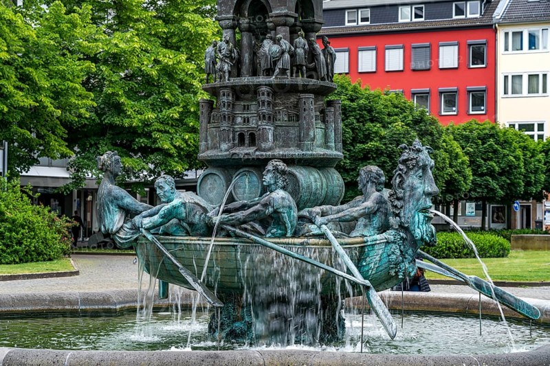Detail of the historical column of the fountain on Josef-Görres-Platz in the historic centre of Koblenz, Rhineland-Palatinate, Germany, Europe