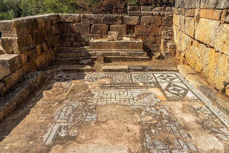 Mosaics in the Temple of Asklepios in the ancient city of Lisos near Sougia, Crete, Greece, Europe