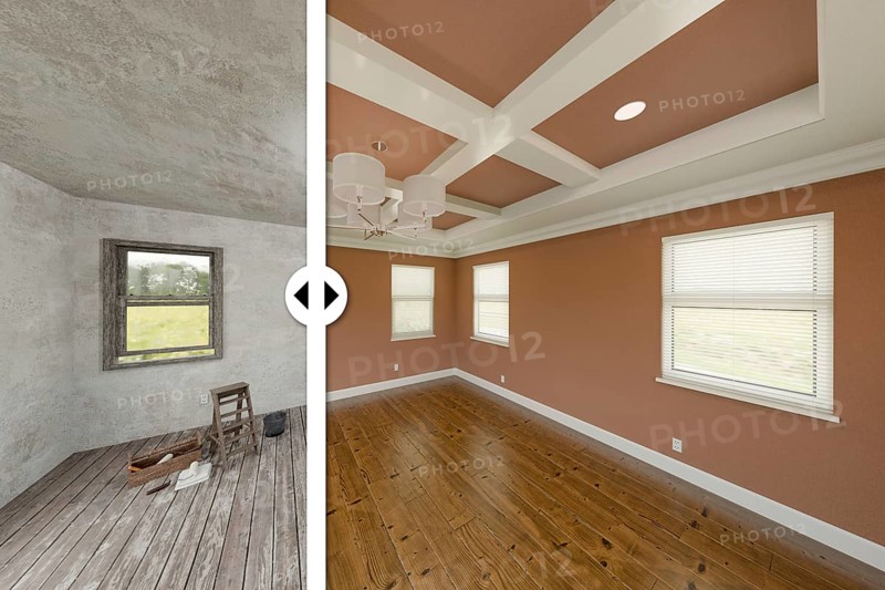 Before and after slider comparing the unfinished condition and the completed brown painted and remodeled room interior