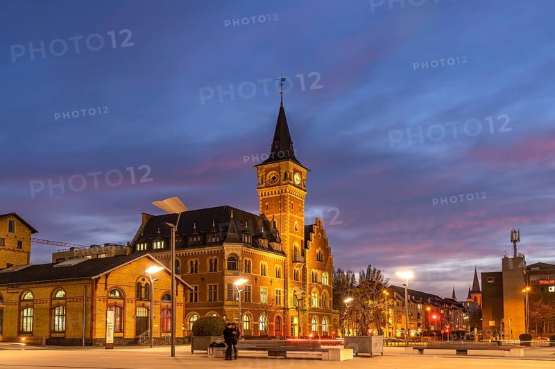 The historic harbour office at dusk, Cologne, North Rhine-Westphalia, Germany, Europe
