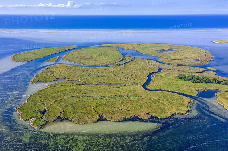 Aerial view over channels and salt marshes of the island group of Kleiner Werder, Kleine Werder in the Baltic Sea, Mecklenburg-Vorpommern, Germany, Europe
