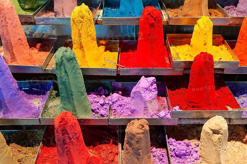 Piled up, coloured Kum-Kum powder, market, Pushkar at the holy Pushkar Lake, Rajasthan, India, Asia
