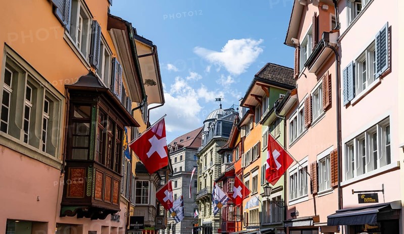 Augustinergasse with Swiss flags, Old Town, Zurich, Switzerland, Europe