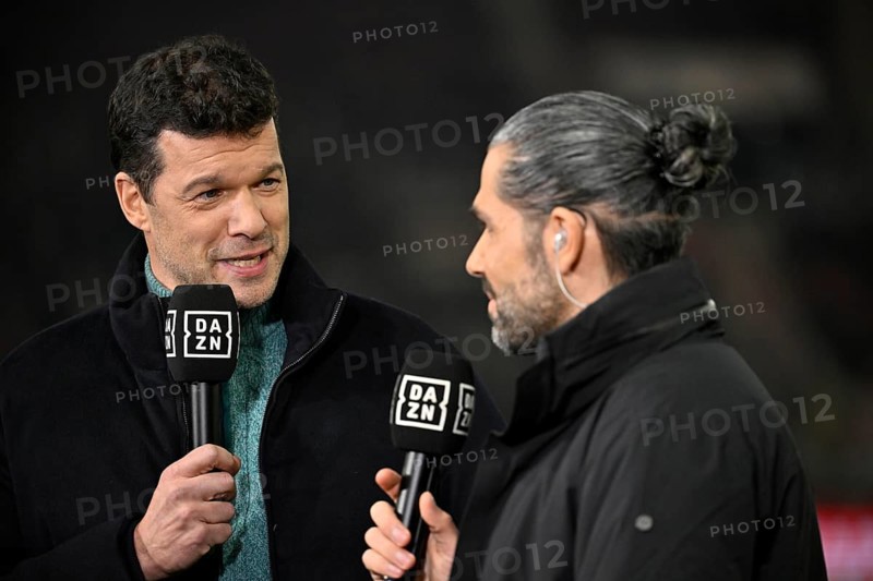 DAZN TV expert Michael Ballack, portrait, in an interview with reporter Daniel Herzog Microphone Logo MHPArena, MHP Arena Stuttgart, Baden-Württemberg, Germany, Europe