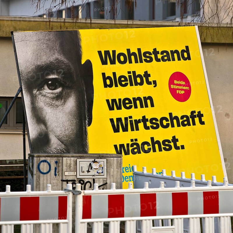 Large FDP election poster with Christian Lindner for the 2025 Bundestag election behind a barrier, Witten, Ruhr area, Germany, Europe
