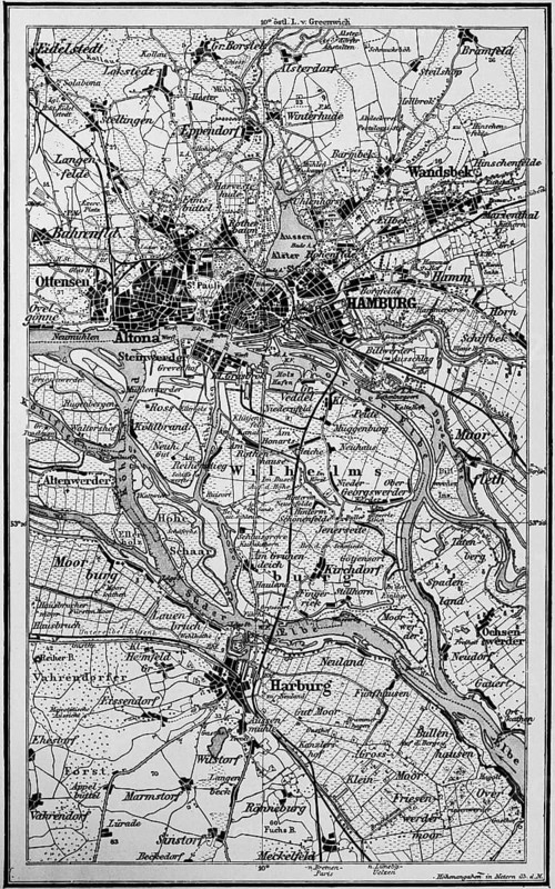 Topographic map of Hamburg and surroundings, Elbe marshes, various courses of the Elbe, Norderelbe, Süderelbe, Köhlbrand, Elbe island Wilhelmsburg, Alster, Altona, Harburg, map, roads, railway lines, travel, Germany, historical illustration 1885, Europe