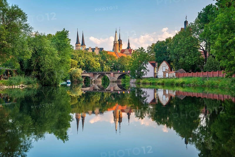 Merseburg Cathedral and Merseburg Castle reflected in the river Saale in the morning light, Merseburg, Saxony-Anhalt, Germany, Europe