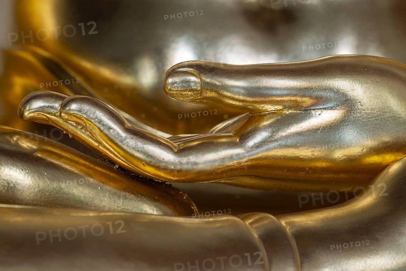 Bhumispara-mudra, moment of enlightenment, golden Buddha statue, interior view of Wat Chana Songkhram, Bangkok, Thailand, Asia