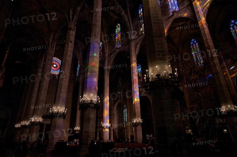 Play of colours, play of light, colourful church windows, interior view, La Seu, Basilica de Santa Maria, Cathedral of Saint Mary, Palma de Majorca, Majorca, Balearic Islands, Balearic Islands, Spain, Europe