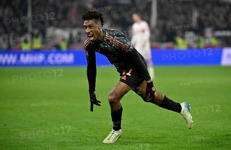 Goal celebration Kingsley Coman FC Bayern Munich FCB (11) MHPArena, MHP Arena Stuttgart, Baden-Württemberg, Germany, Europe