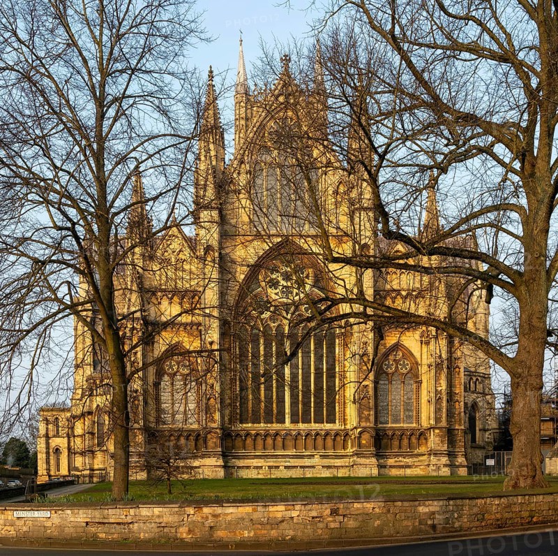 East frontage Lincoln cathedral church winter morning light viewed through tree branches, city of Lincoln, Lincolnshire, England, UK