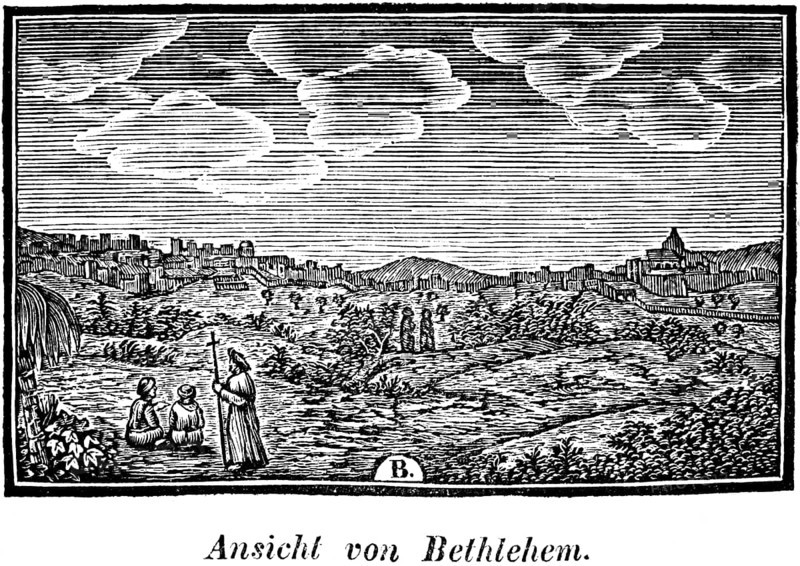 View of the birthplace of Jesus, Bethlehem in the West Bank, Palestinian Autonomous Territory, fields, clergyman, mountains, woodcut, historical illustration, Christoph Schmid's Biblical History, Inscription of Palestine, supplementary volume 1836