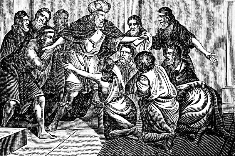 Since the brothers had reformed, Joseph forgives them and reveals himself, surprise, mercy, generosity, reunion, Egypt, Genesis, woodcut, Christoph Schmid's Biblical History 1831, Africa