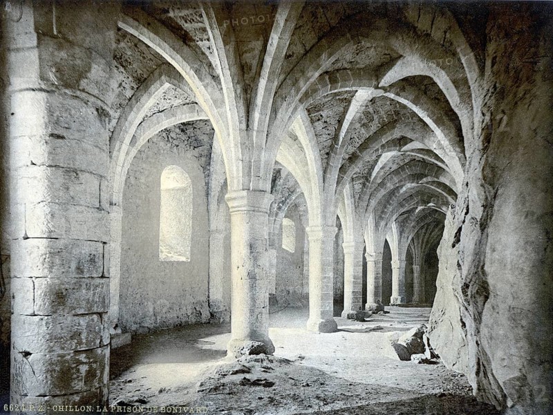 Chillon Castle, interior, Bonivard's Prison, Geneva Lake, Switzerland, Historic, digitally restored reproduction from a 19th century original, Record date not stated, Chillon Castle, interior, Bonivard's Prison, Geneva Lake, Switzerland, Historic, digitally restored reproduction from a 19th century original, Record date not stated, Europe