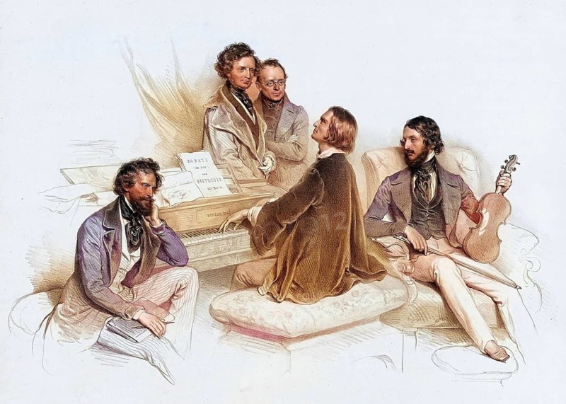 A matinee with Liszt, from left: Joseph Kriehuber, Hector Berlioz, Carl Czerny, Franz Liszt, Heinrich Wilhelm Ernst, Historic, digitally restored reproduction from a 19th century original, Record date not stated