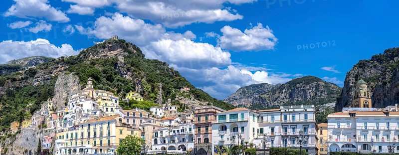 Italy, Amalfi town colorful architecture and Campania Amalfi coast landscapes, Europe