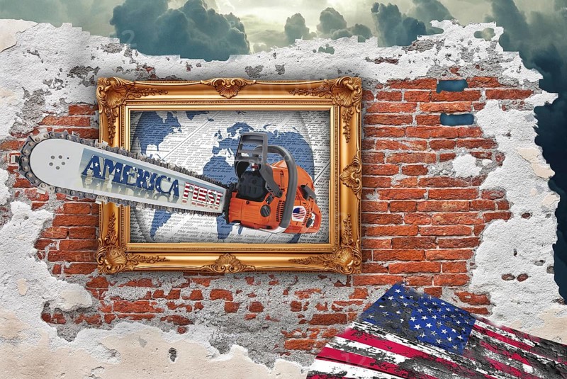 Symbolic image, chainsaw threat, US democracy in danger, EU and Germany under political pressure, industry, Donald Trump, tariff threats, Elon Musk, Mark Zuckerberg, social networks, fake news, rights broken, hate, hate speech, DSG Digital Services Act, re-election, USA, politics, announcements, vendetta, wanted dictator, Republicans, US electoral system, global danger, lies, 2nd term, global burden, Ukrainian war, storming White House, North America