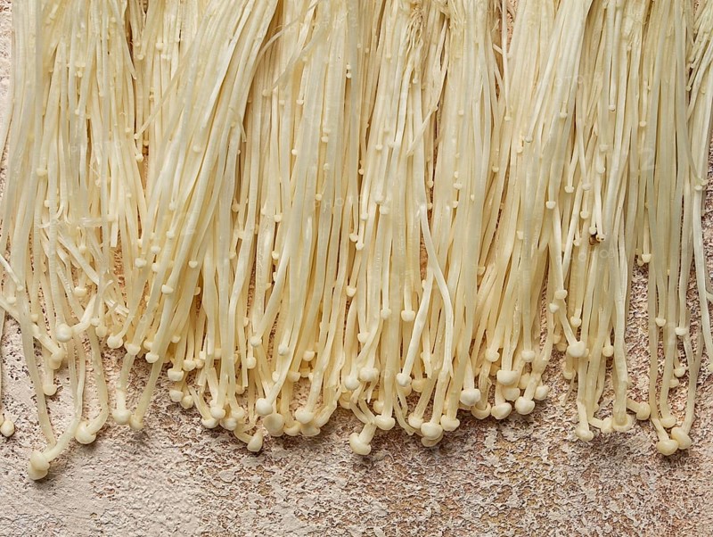 Enoki mushrooms, raw, top view, close-up