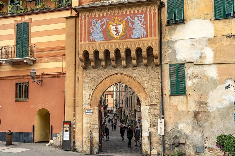 Porta Testa town gate in Finalborgo, Finale Ligure, Riviera di Ponente, Liguria, Italy, Europe