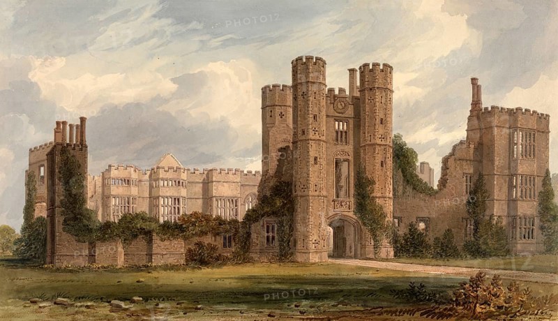 West view of the ruins of Cowdray House, Sussex, England, digitally restored reproduction of an original by John Buckler from the 19th century, date not given, Gothic castle ruins with towers surrounded by vegetation and overcast sky
