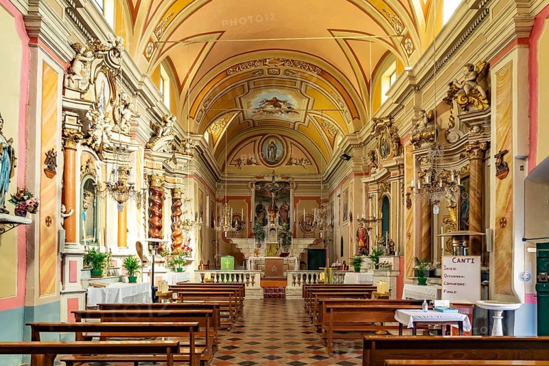 Interior of the Chiesa Parrocchiale di Santo Stefano Protomartire church in Rocchetta Nervina, Liguria, Italy, Europe
