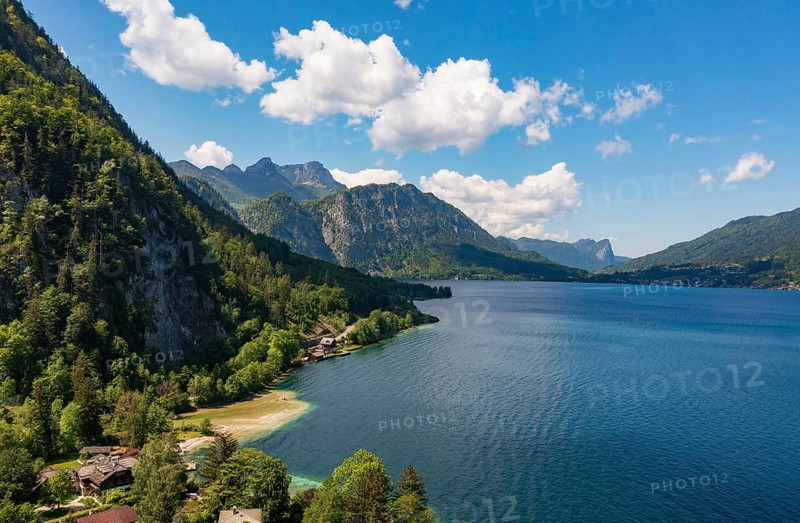 Drone image, Weißenbach am Attersee with Schafberg, Salzkammergut, Upper Austria, Austria, Europe