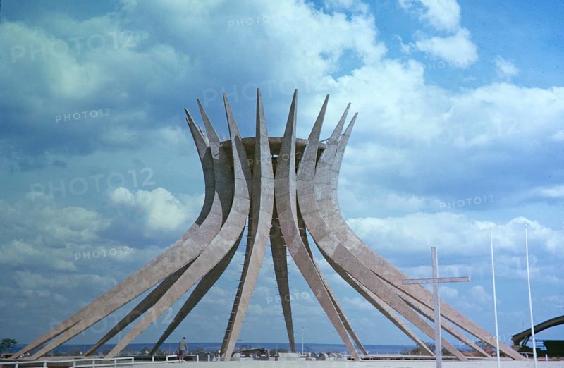 Modern architecture of the unfinished cathedral church under construction, Brasilia, Federal District, Brazil, 1962 Architect Oscar Niemeyer, South America