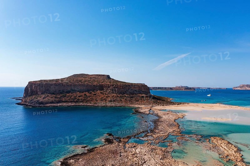 Drone shot, beach and bay of Balos, Gramvousa peninsula, Kolimbari, West Crete, Crete, Greece, Europe