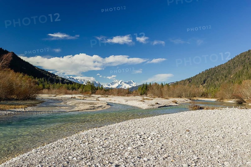 Isar valley nature conservancy area on an early sunny morning. The wild Isar river flows through its gravel bed past driftwood and entrained trees and bushes