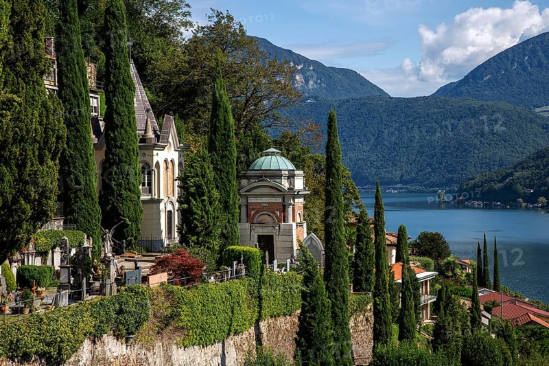 Cemetery, Monumental cemetery, Morcote, Lake Lugano, Lago di Lugano, Canton Ticino, Switzerland, Europe