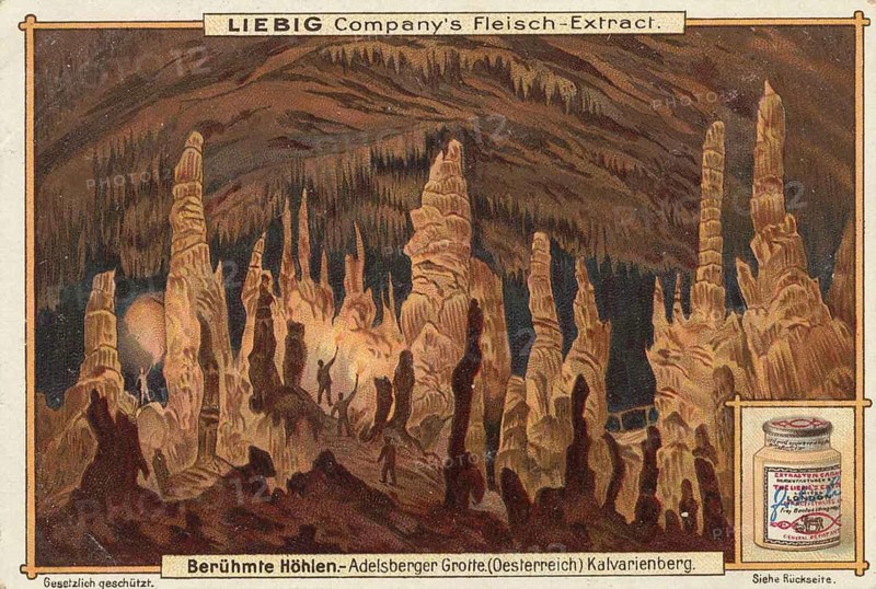 Picture series Famous Caves, Adelsberg Grotto, Slovenia, Calvary, Liebig picture, digitally restored reproduction of a collective picture from ca 1900, public domain, exact date unknown, A cave with stalactites in which people are surrounded by light, Europe