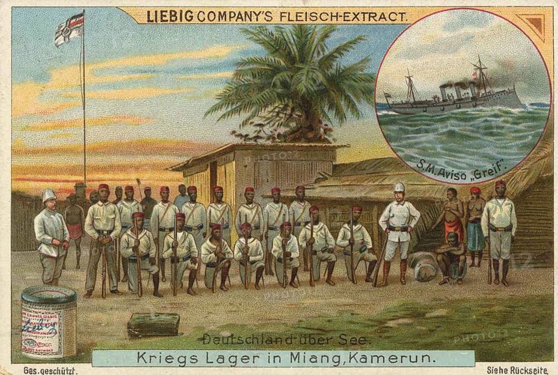 Picture series German overseas colonies, war camp in Miang, Cameroon, Liebig picture, digitally restored reproduction of a collector's picture from ca 1900, public domain, exact date unknown, war camp in Miang, with soldiers and tropical background, Africa