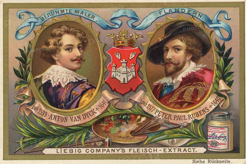 Picture series famous painters, Flanders, Anton van Dyck and Peter Paul Rubens, Liebig picture, digitally restored reproduction of a collector's picture from ca 1900, public domain, exact date unknown, portraits of Van Dyck and Rubens in decorated frames with coats of arms