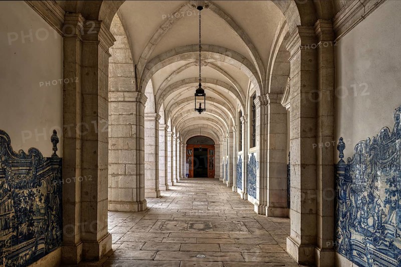 Church and Monastery of Sao Vicente de Fora, Cloister gallery with azulejo painted tiles, Lisbon, Portugal, Europe