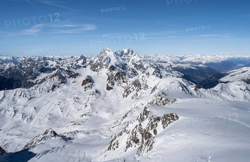 View from the summit of Monte Cevedale, mountain panorama with summit Königsspitze and Ortler, snow-covered mountain landscape in winter, Ortler Alps, Vinschgau Valley, Italy, Europe