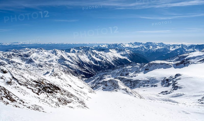 Mountain panorama, snow-covered mountain landscape in winter, Fürkeleferner glacier, view of the Martell Valley, ascent to Monte Cevedale, Ortler Alps, Vinschgau Valley, Italy, Europe