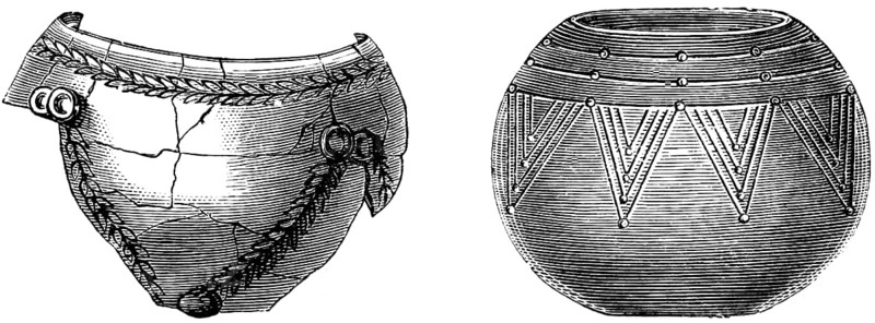 Clay vessels from the Býcí skála or Byci Skala cave from the Hallstatt period, Hallstatt culture, early Iron Age, shards, simple ornamentation, lines, leaves, landscape Moravian Karst, Moravia, history of mankind, Czech Republic, historical illustration1880, Europe
