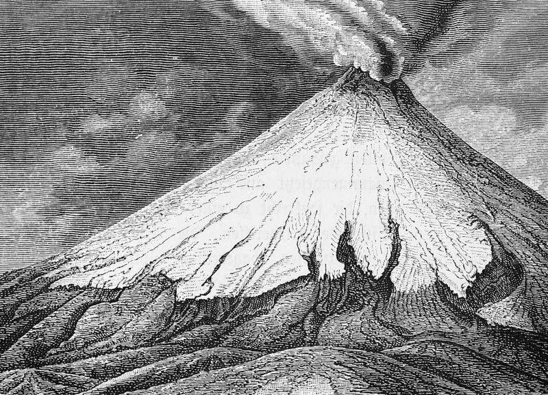 Ice and snow-covered volcano Cotopaxi (5, 897 m) in the Andes, Cotopaxi National Park, nature conservation, smoke, climate change, geology, tectonics, travel, Ecuador, historical illustration 18888, South America