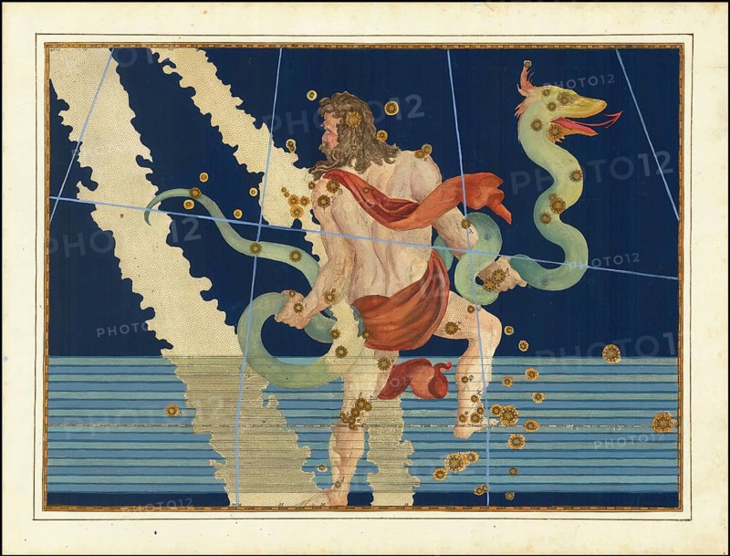 Astronomy. The Celestial Atlas, the Uranometria, Ptolemaic constellations, by Johann Bayer (1572 - 7 March 1625), German astronomer, Ophiuchus and Serpentarius, Serpent Bearer, constellation on the celestial equator, digitally enhanced reproduction of a historical model