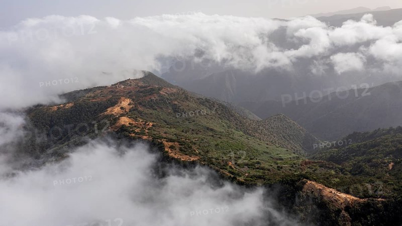 Aerial view, fog and typical landscape, La Gomera, Canary Islands, Spain, Europe