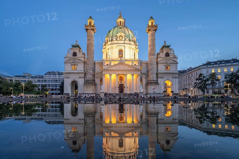 The baroque Karlskirche church at dusk, Vienna, Austria, Europe