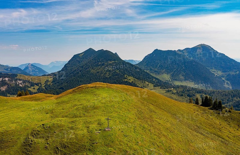 Drone shot, At the summit of the Taborberg with a view of the Gamsfeld, Osterhorn group, Salzkammergut, Salzburg province, Austria, Europe